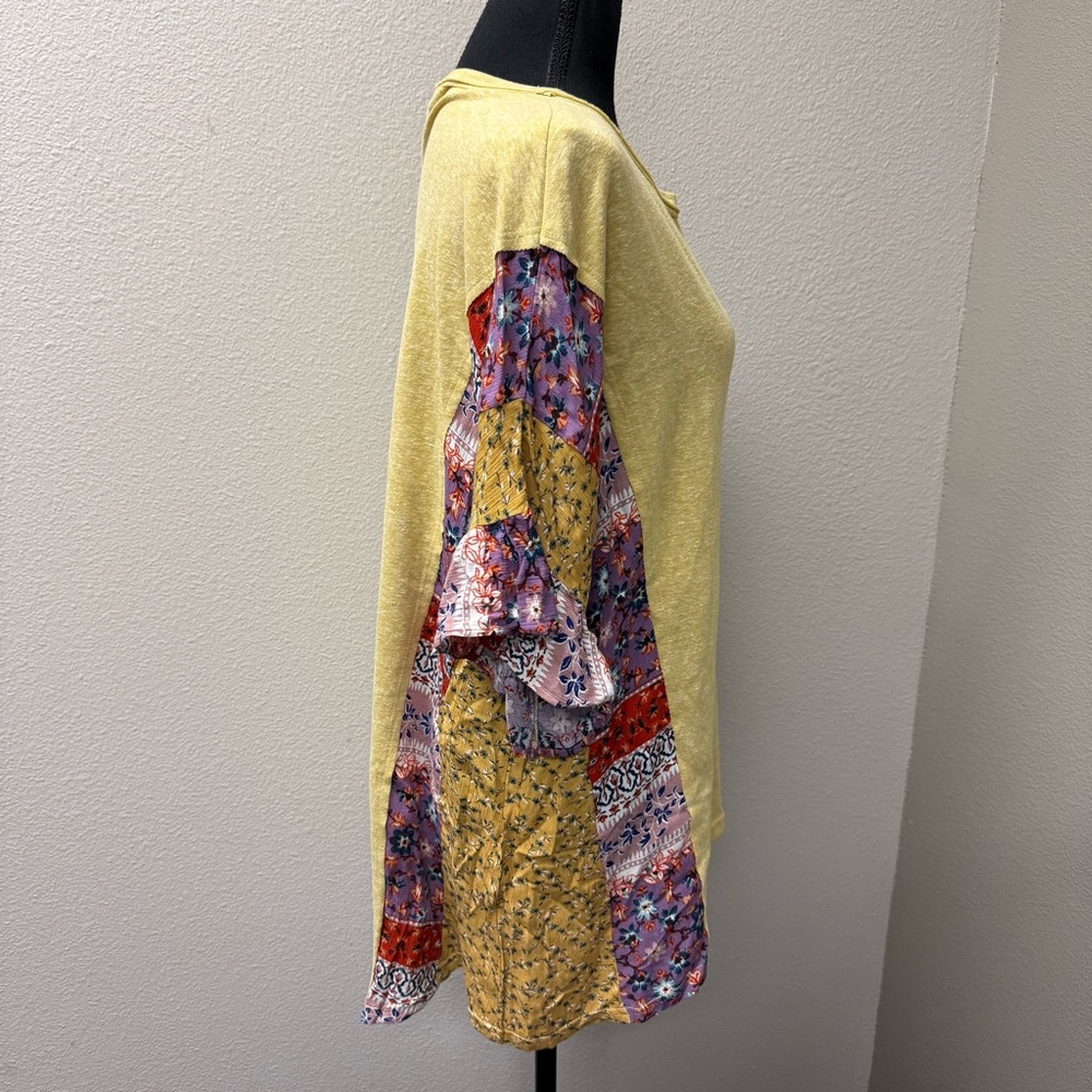 GiGiO Yellow Patchwork Floral Boho Top Ruffle Sleeve Lightweight Size L - Picture 7 of 11